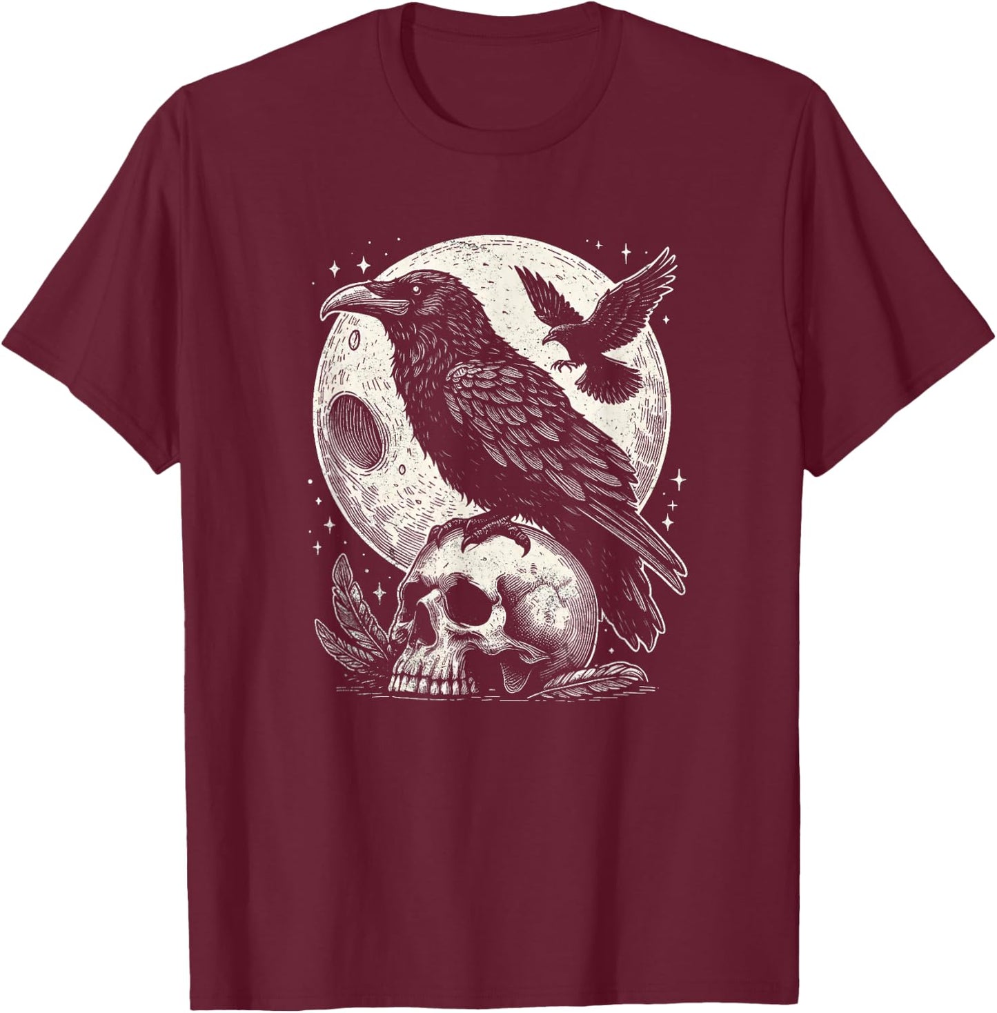 Gothic Raven Skull And Moon Art Crow Design T-Shirt - T-Shirt | Maroon