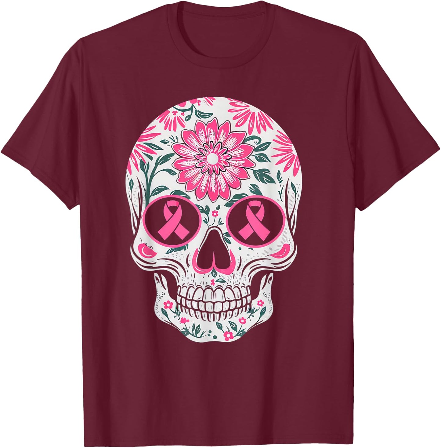 Pink Ribbon Skull Skeleton Breast Cancer Awareness T-Shirt - T-Shirt | Maroon
