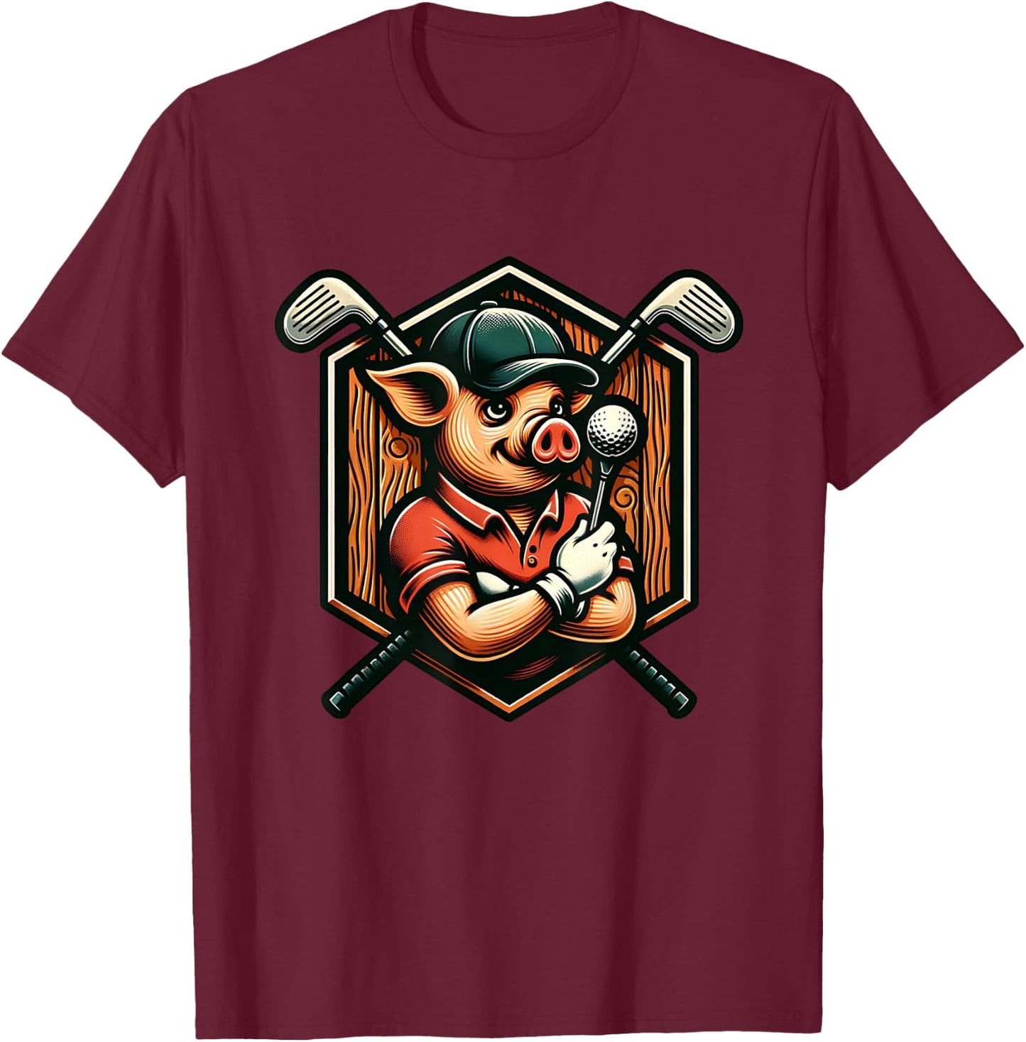 Funny Pig Golfer Swinging Clubs On Course T-Shirt - T-Shirt | Maroon