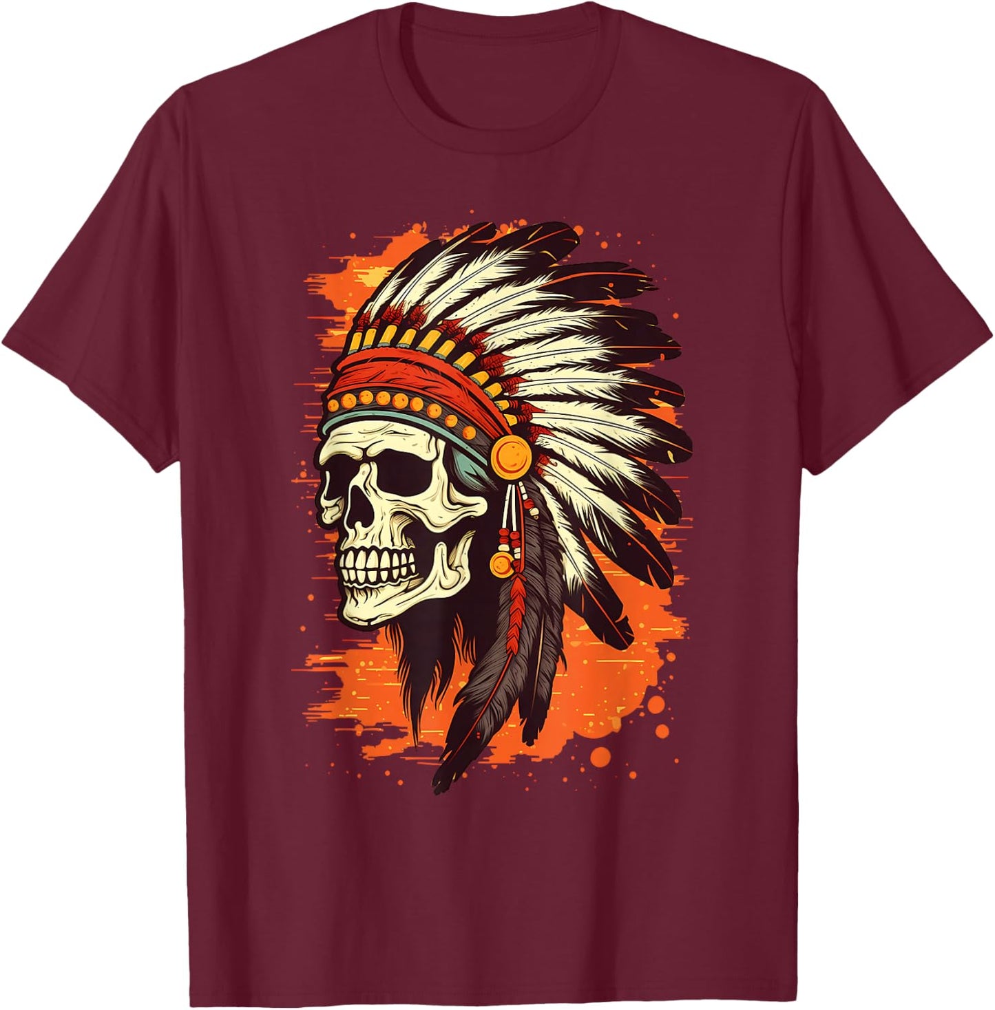 Indian Skull Indian Headdress Skull Chief Shirt T-Shirt - T-Shirt | Maroon
