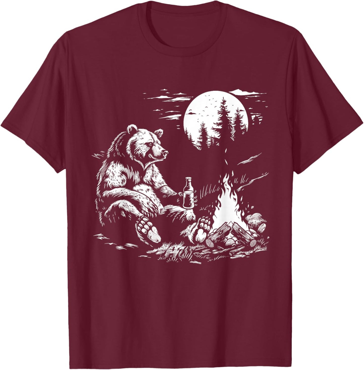 Camping Bear Drinking Beer Hiking Nature Funny Grizzly Bear T-Shirt - T-Shirt | Maroon