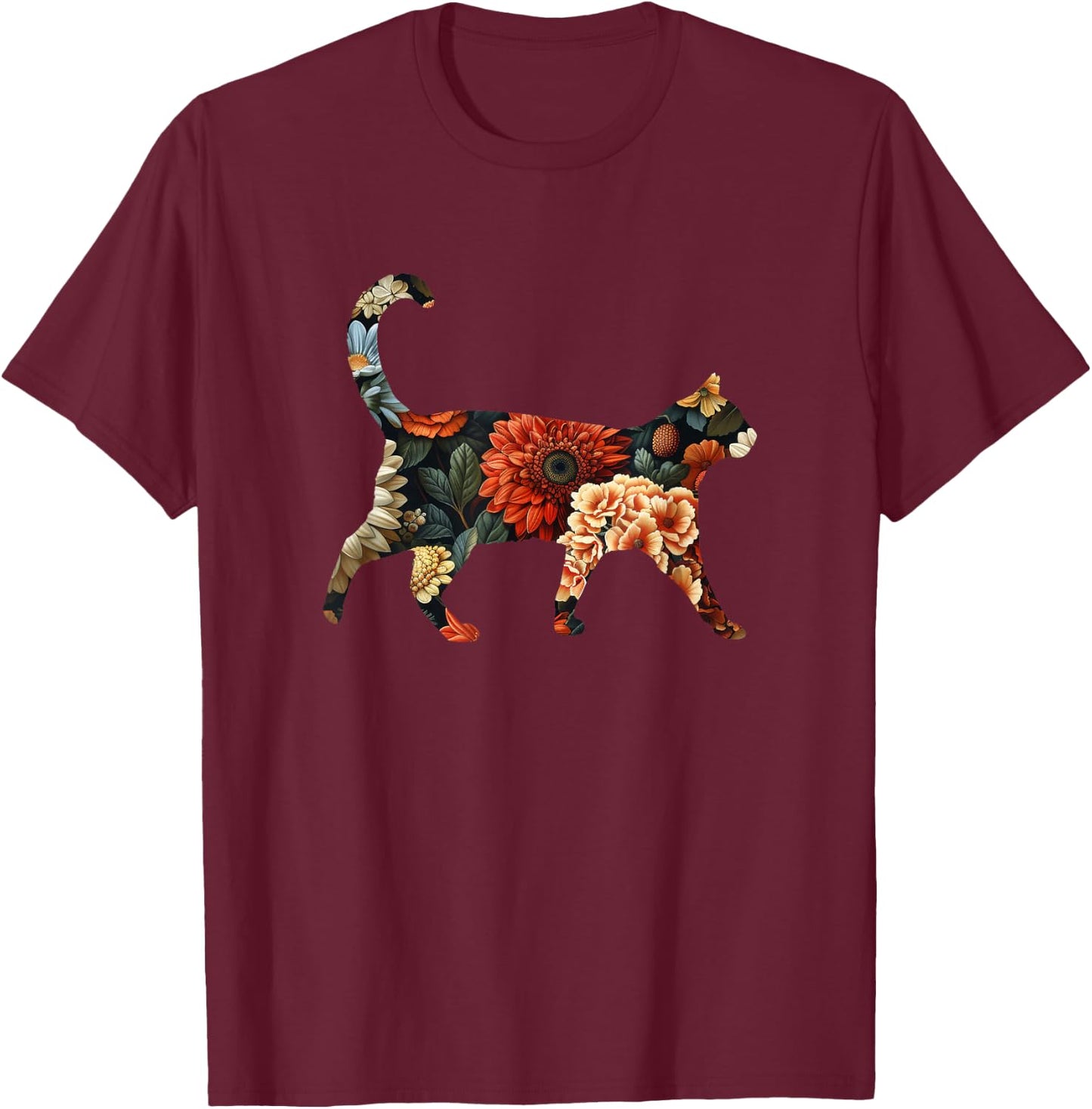 Elegant silhouette flowers flowers floral cat T-Shirt - T-Shirt | Maroon