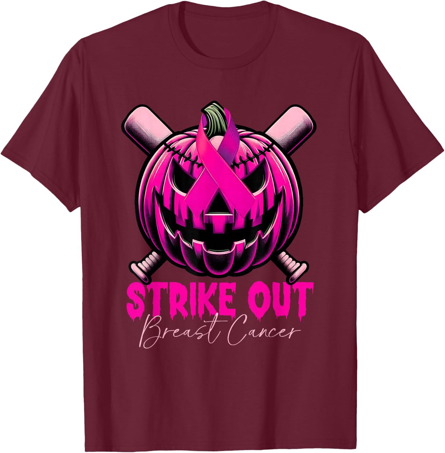 Strike Out Breast Cancer Awareness Baseball Pink Halloween T-Shirt - T-Shirt | Maroon