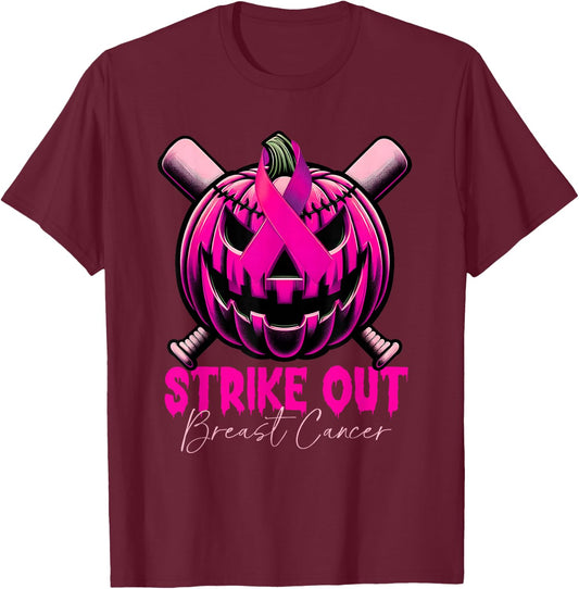 Strike Out Breast Cancer Awareness Baseball Pink Halloween T-Shirt - T-Shirt | Maroon