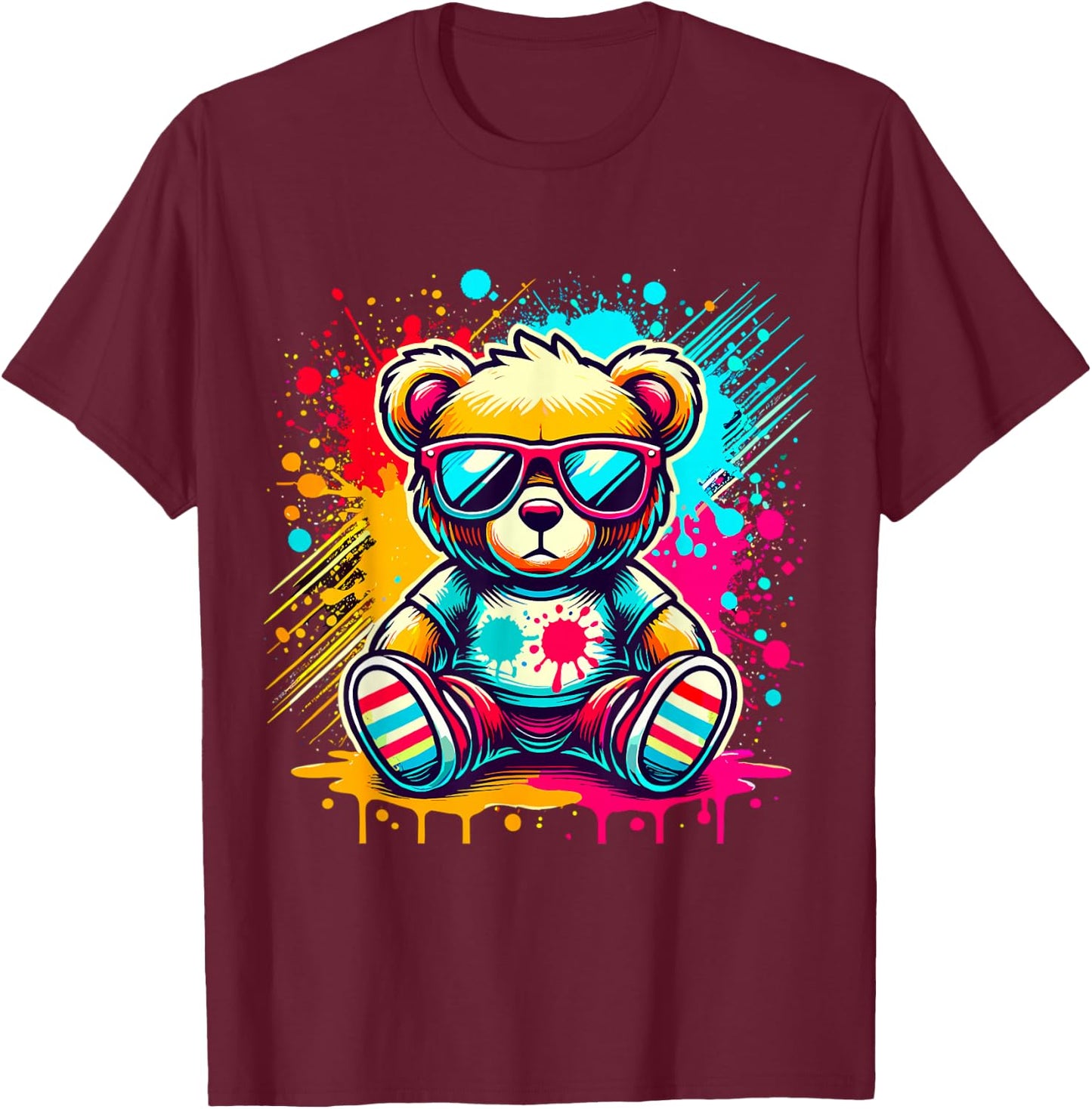 Colorful Teddy Bear with Sunglasses T-Shirt - T-Shirt | Maroon