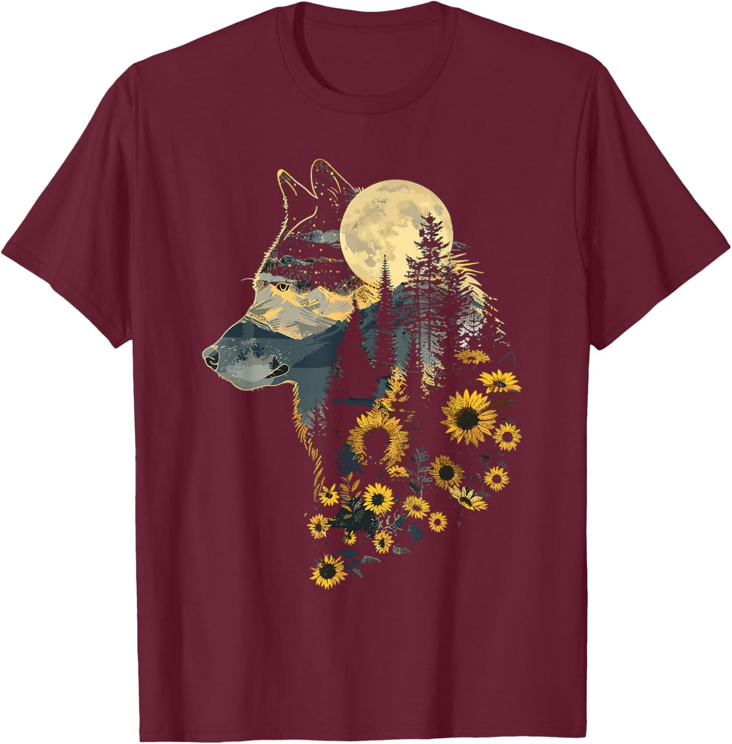 Cute Wolf Floral Sunflower Wolves T-Shirt - T-Shirt | Maroon