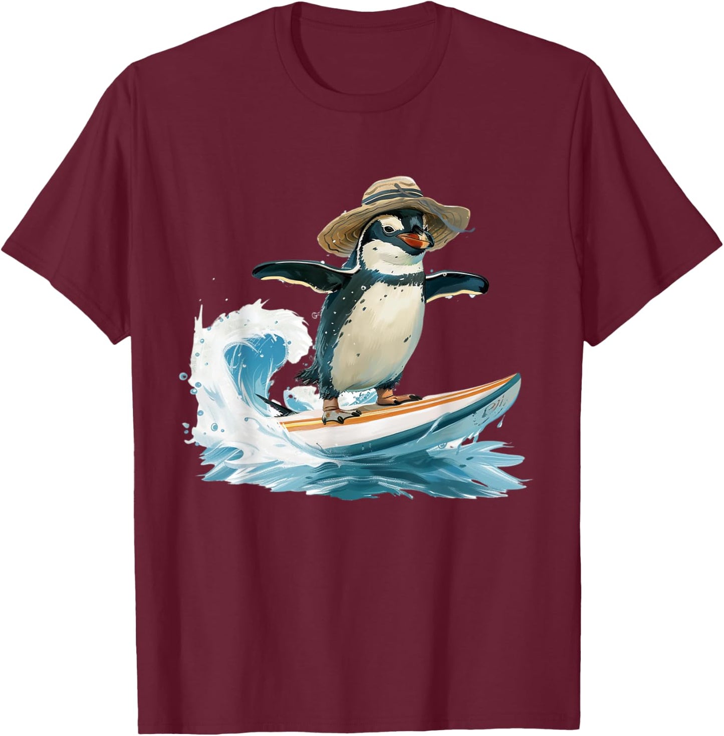 Surfing Penguin in Straw Hat Fun Beach Design Men Women T-Shirt - T-Shirt | Maroon
