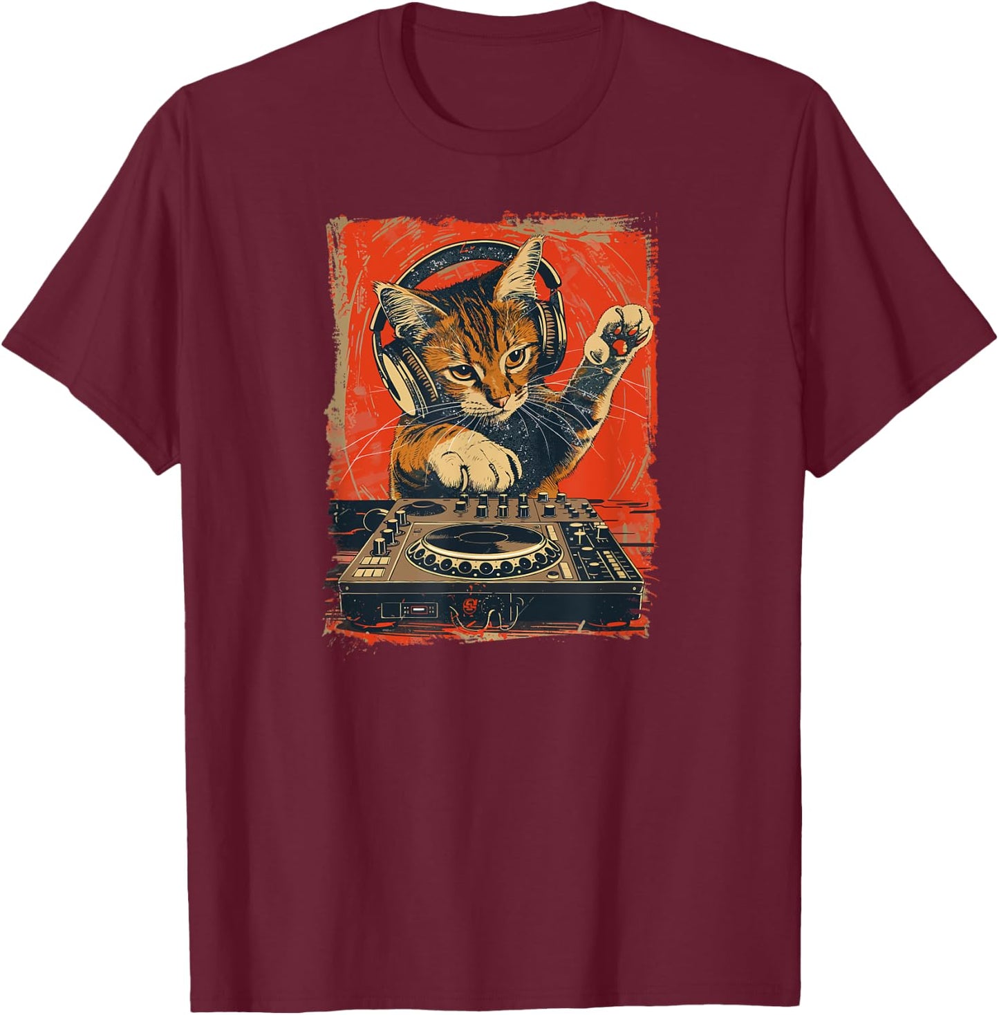 Funny DJ Cat Disco Sound Tech Headphone Music Men Women T-Shirt - T-Shirt | Maroon