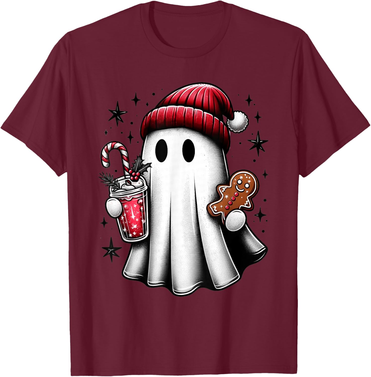 Cute Santa Ghost Drinking Coffee Ice Coffee Christmas Pajama T-Shirt - T-Shirt | Maroon