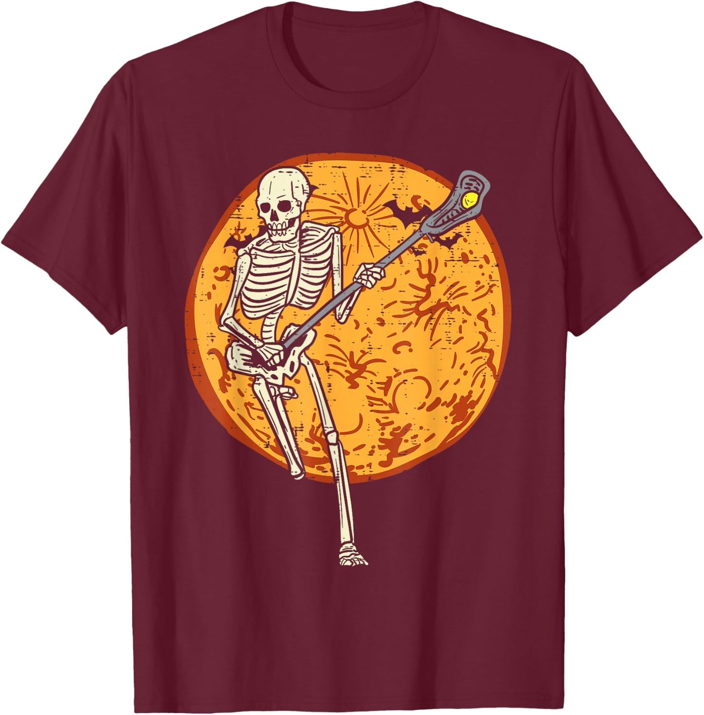 Lacrosse Skeleton Full Moon Sports Halloween Men Women T-Shirt - T-Shirt | Maroon