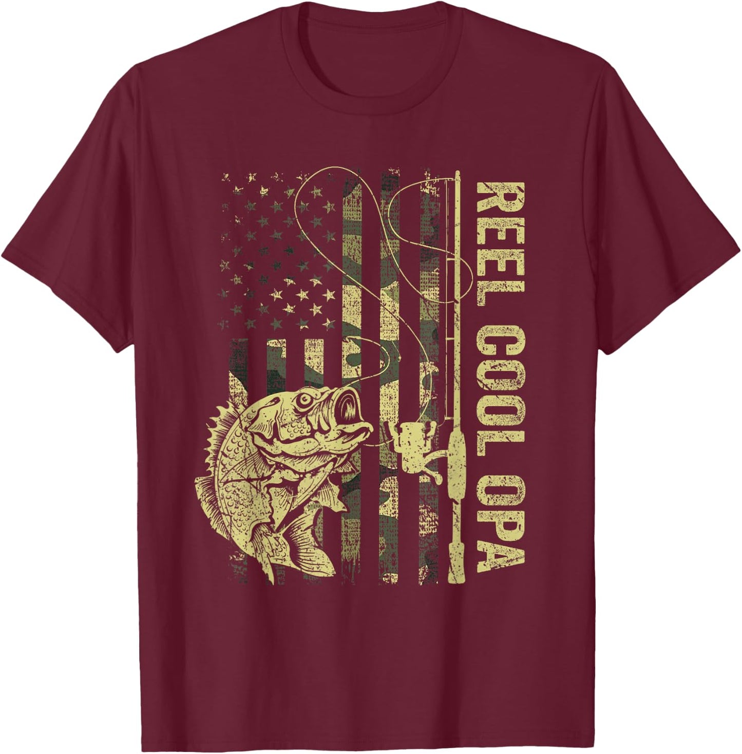 Reel Cool Opa Camouflage American Flag Father's Day Gift T-Shirt - T-Shirt | Maroon