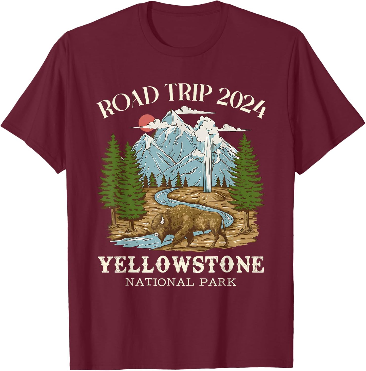 Road Trip 2024 Yellowstone National Park Wilderness Nature , Small, Black T-Shirt - T-Shirt | Maroon