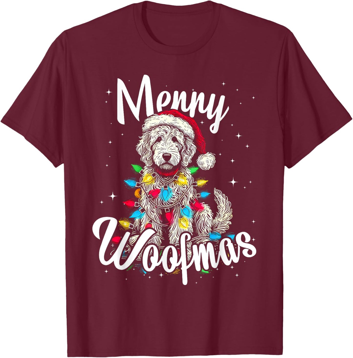 Labradoodle Golden Doodle Dog Merry Woofmas Christmas Lights T-Shirt - T-Shirt | Maroon