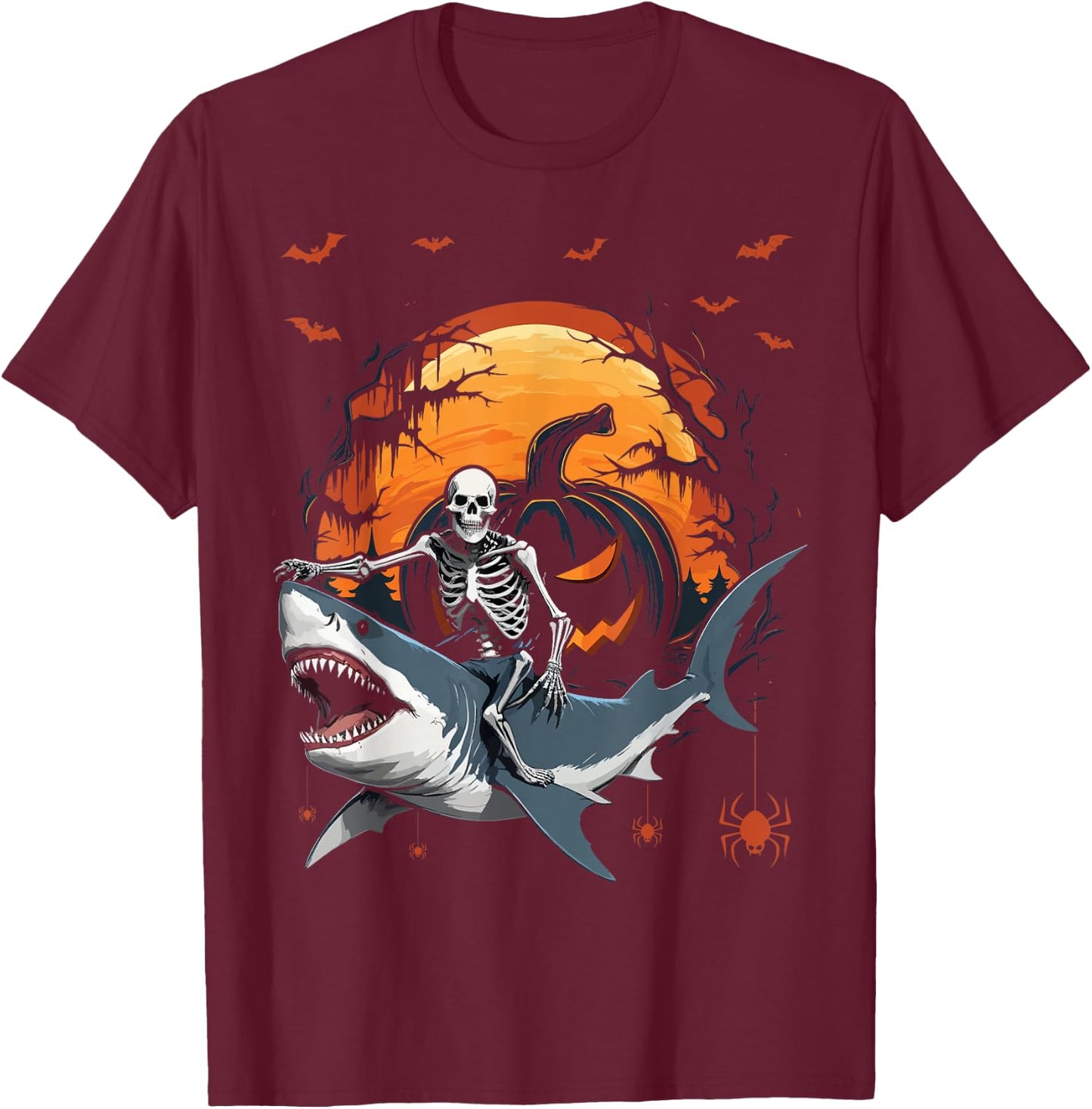 Halloween Skeleton Riding Shark Mummy Boys Kids Toddlers T-Shirt - T-Shirt | Maroon