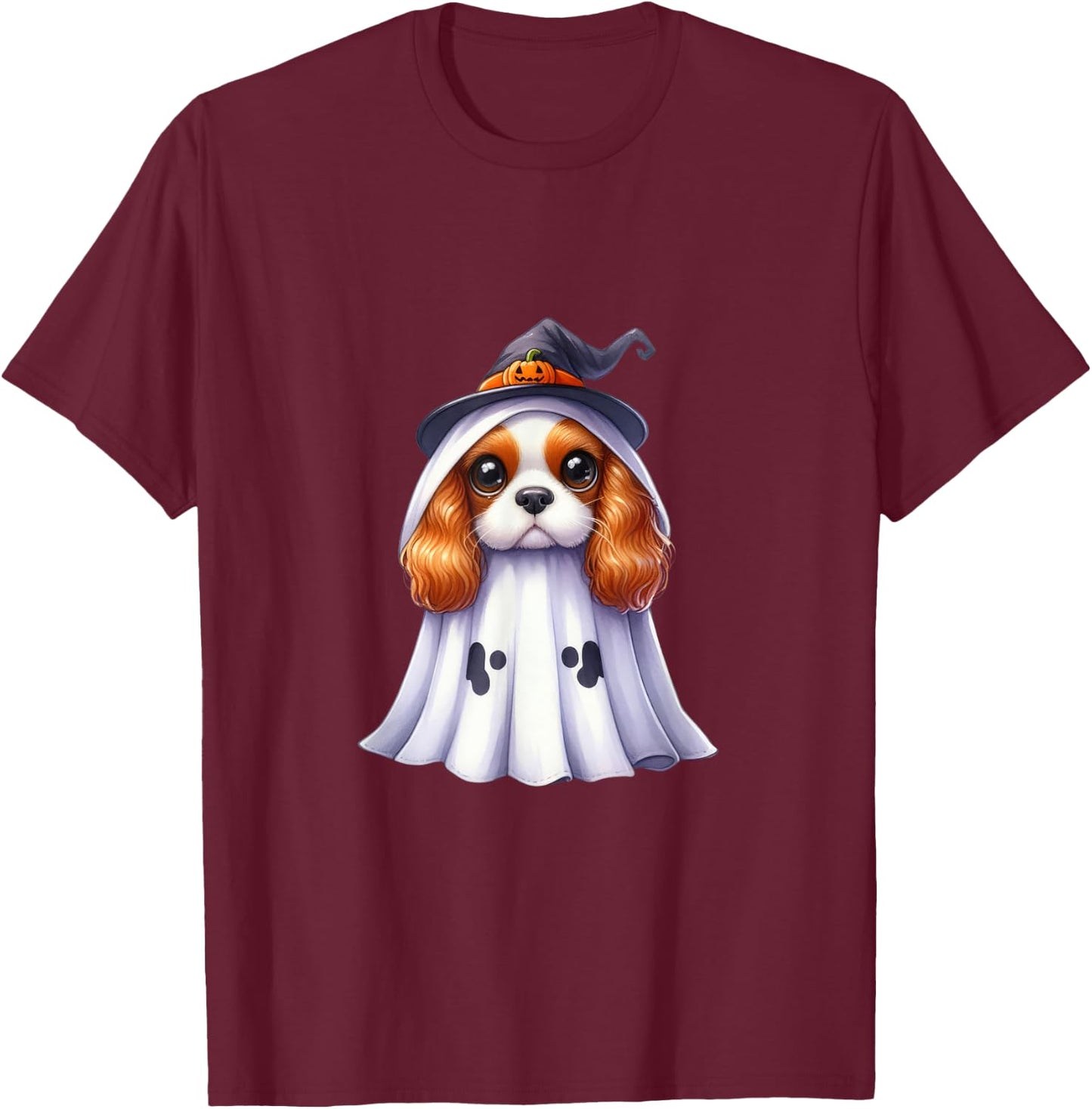Cute Halloween Cavalier King Charles Spaniel dog as a ghost T-Shirt - T-Shirt | Maroon