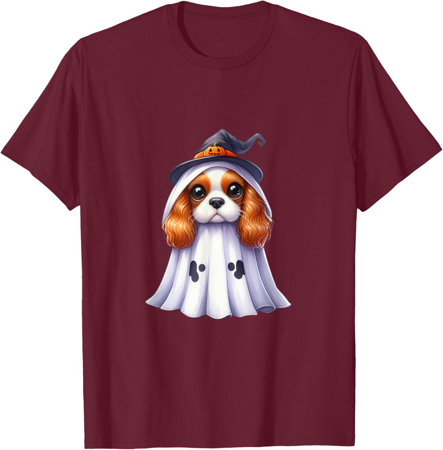 Cute Halloween Cavalier King Charles Spaniel dog as a ghost T-Shirt - T-Shirt | Maroon