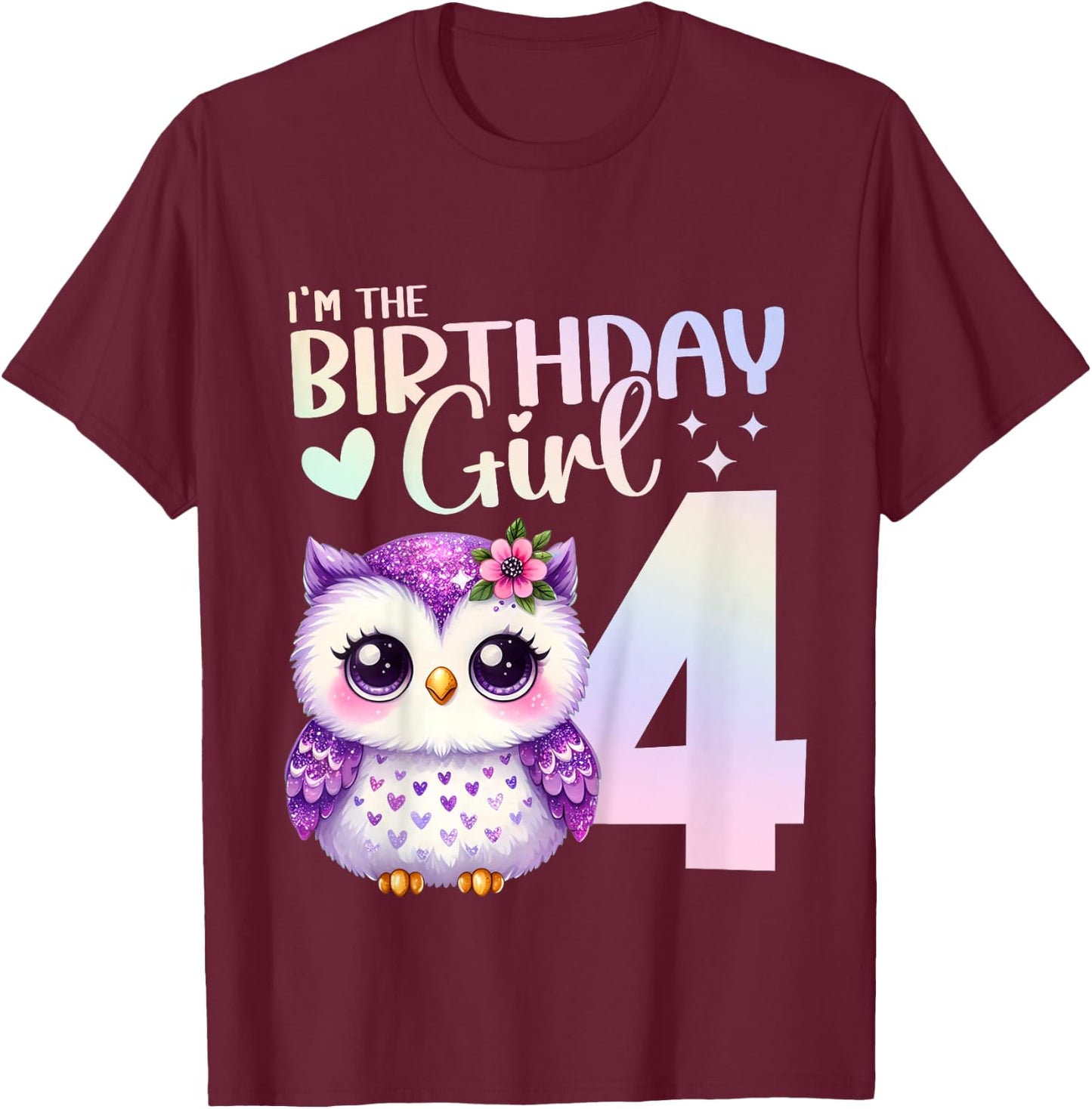 4th Birthday Owl Animals Fourth birthday girl 4 years T-Shirt - T-Shirt | Maroon