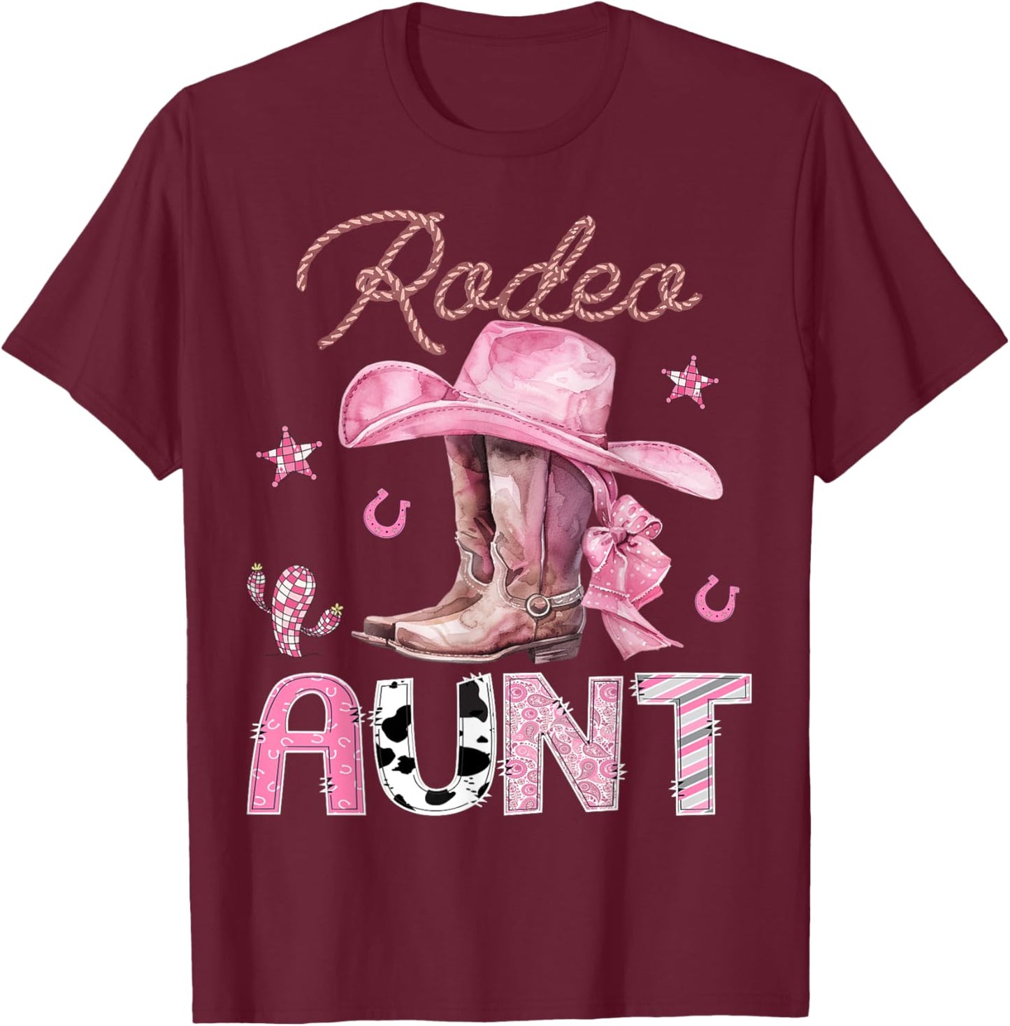 Rodeo Aunt Pink Boots Coquette CowGirl Birthday Party T-Shirt - T-Shirt | Maroon