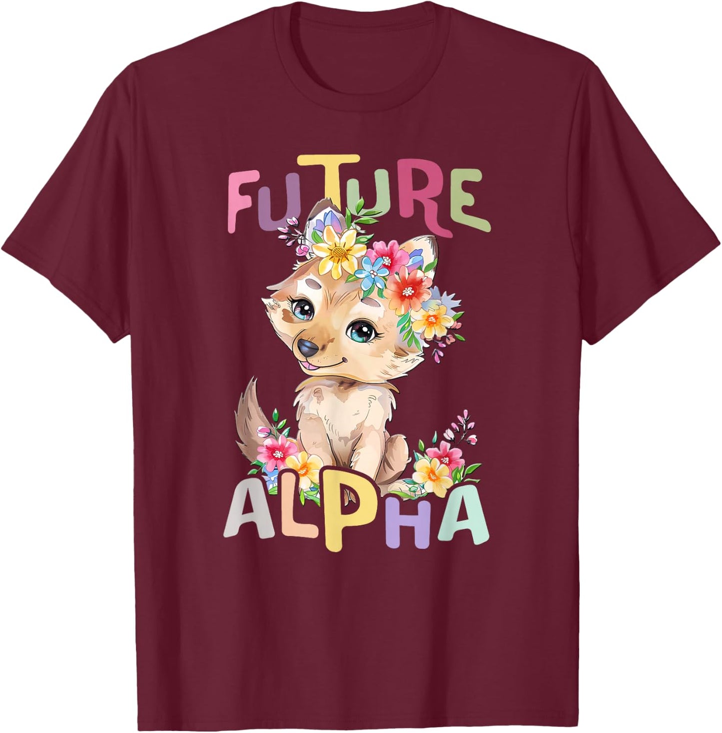 Future Alpha Wolf with Flowers Cute Wolves Animal Moon T-Shirt - T-Shirt | Maroon
