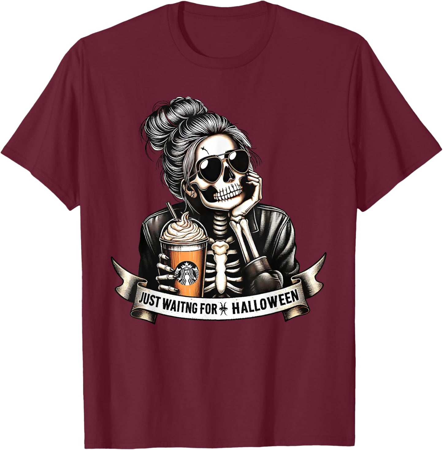 Just Waiting For Halloween Spooky Season Skeleton Coffee T-Shirt - T-Shirt | Maroon