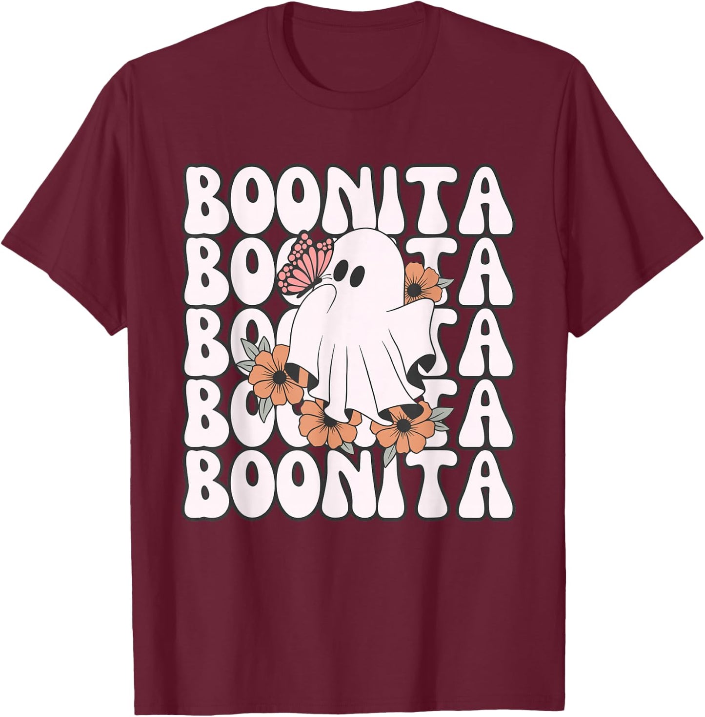 Boonita Halloween Ghost Floral Butterfly Boo Girls T-Shirt - T-Shirt | Maroon