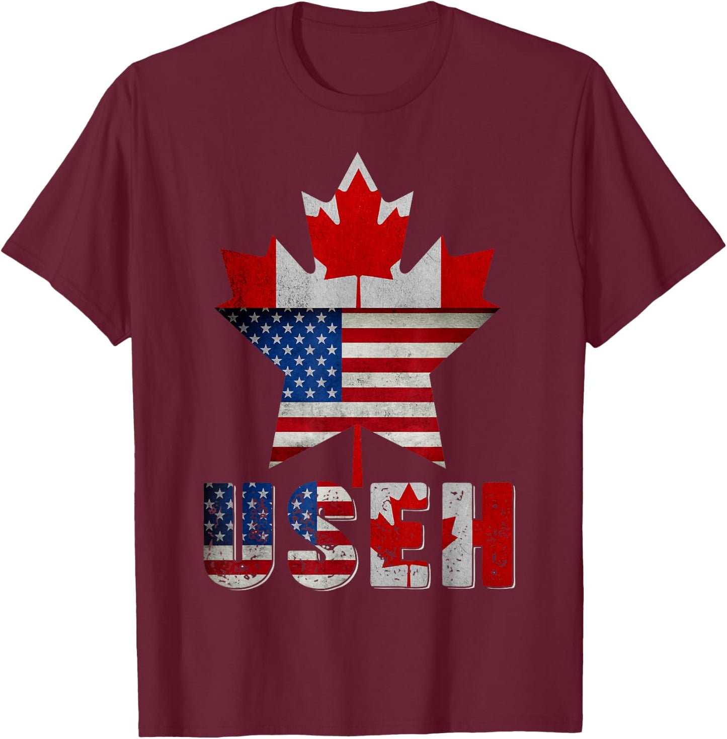 Funny US EH Maple Leaf Canadian USA American Flag Canada Day T-Shirt - T-Shirt | Maroon