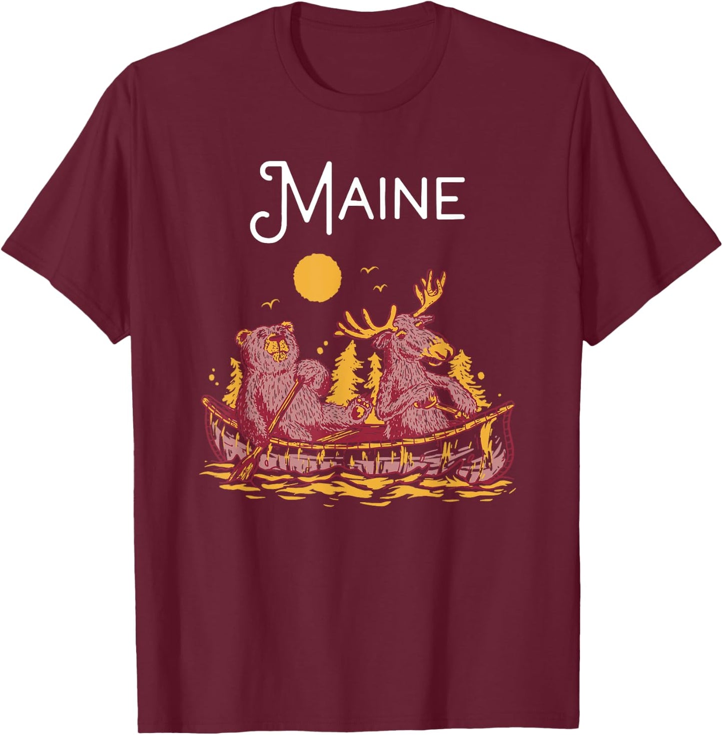 Maine Shirt Funny Canoe Moose Elk Bear Lake Canoeing T-Shirt - T-Shirt | Maroon