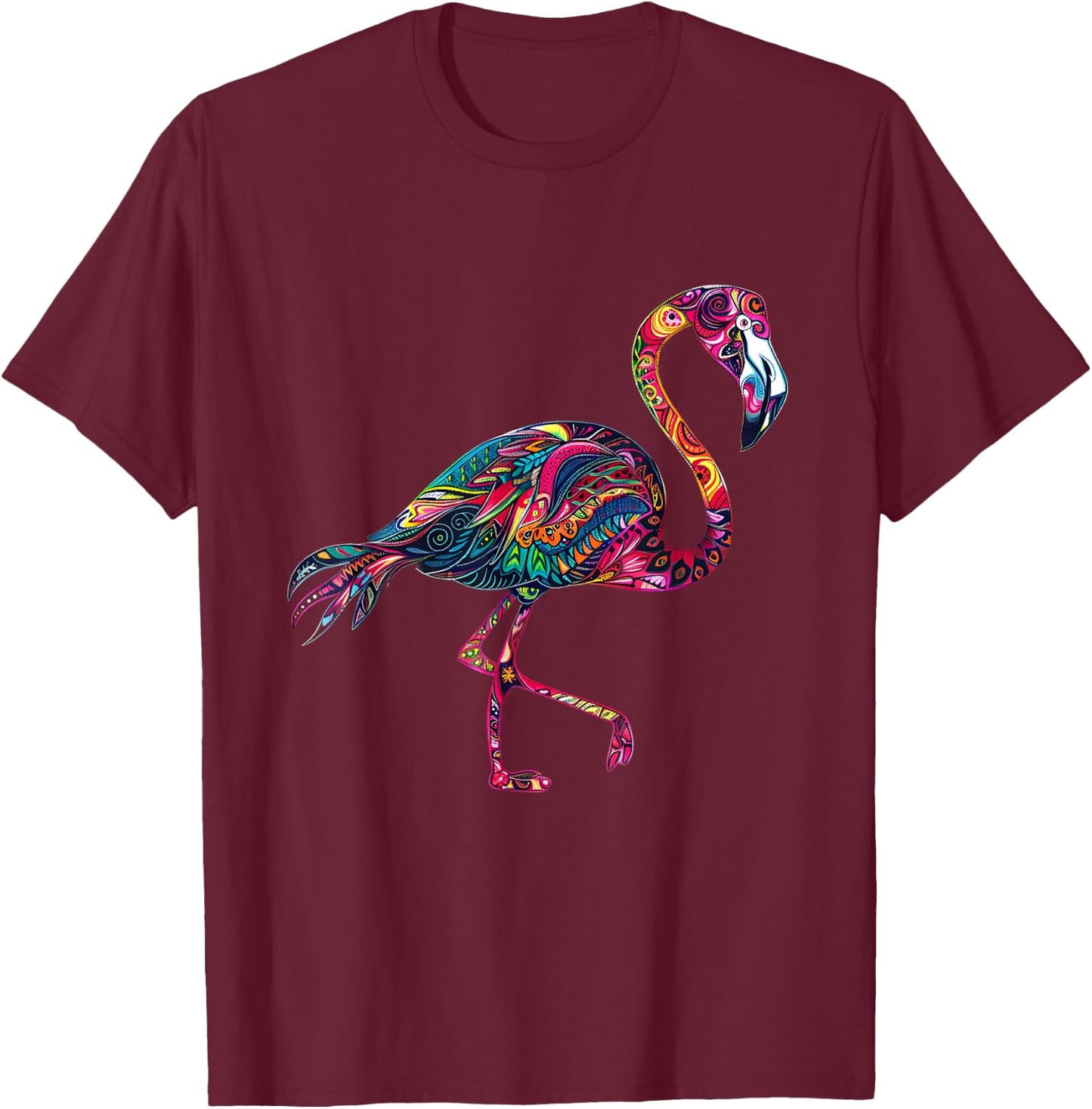 Pink Flamingo Bird Animal Print Colourful Motif Artwork T-Shirt - T-Shirt | Maroon