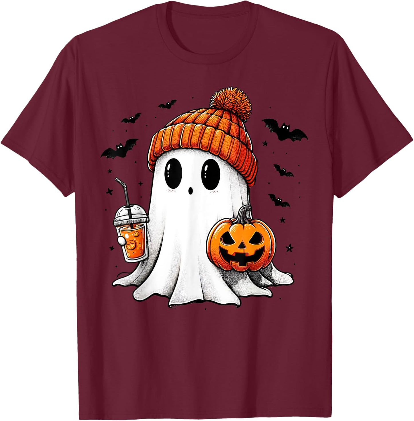 Cute Ghost Drinking Coffee Halloween Ghost Ice Coffee T-Shirt - T-Shirt | Maroon