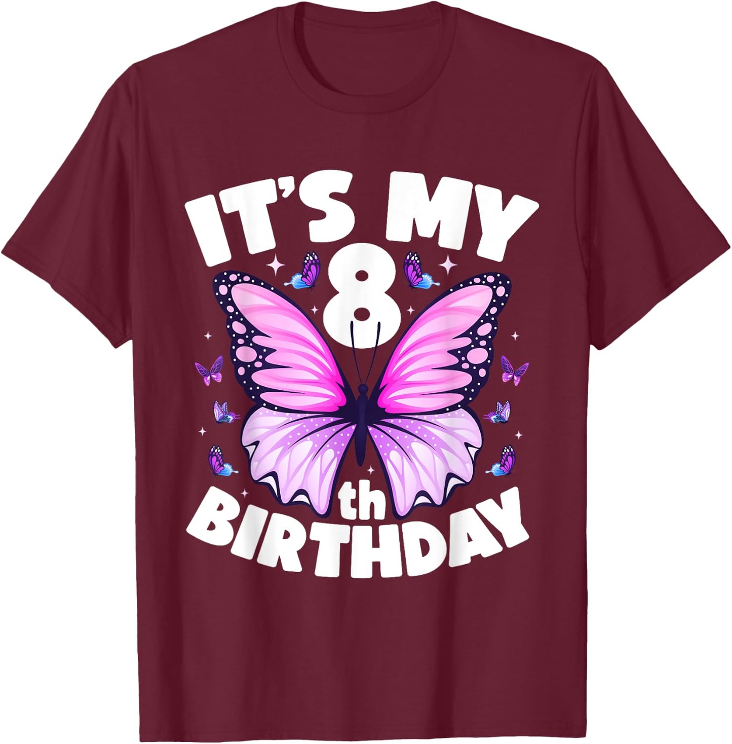 8th Birthday Shirt for Girls Butterfly 8 Year Old Birthday T-Shirt - T-Shirt | Maroon