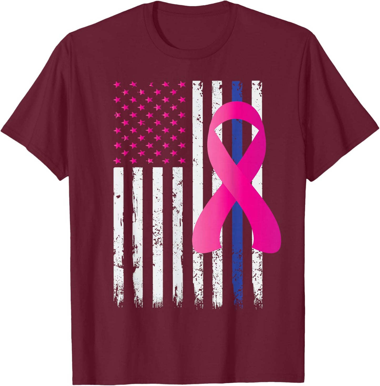 Breast Cancer Awareness Ribbon Thin Blue Line Police Flag T-Shirt - T-Shirt | Maroon