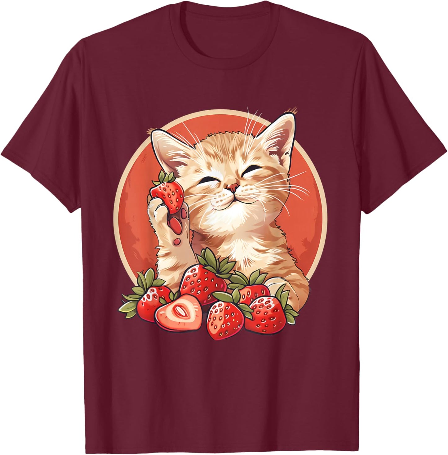 Strawberry Cat Portrait Animal Print Drawing Strawberries T-Shirt - T-Shirt | Maroon