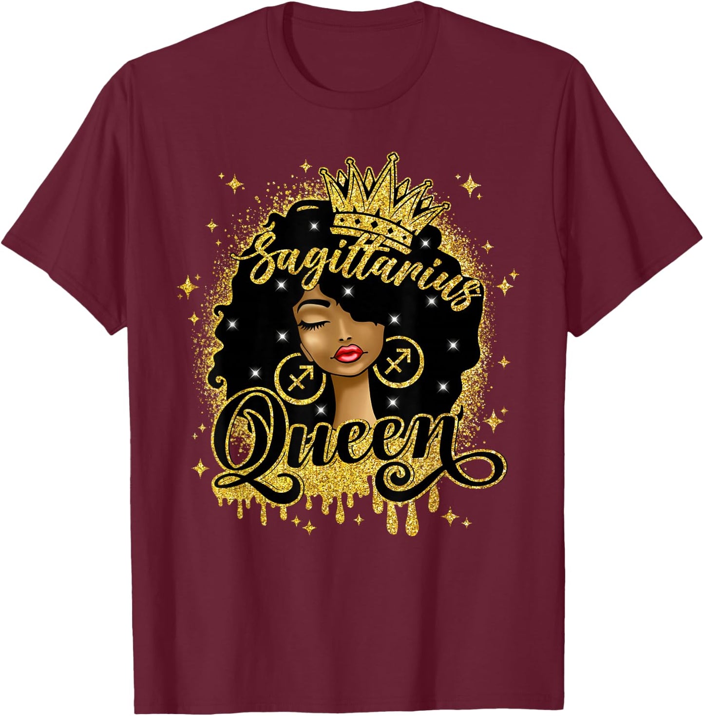 Sagittarius Queen Afro Natural Hair Girl Black Woman Zodiac T-Shirt - T-Shirt | Maroon