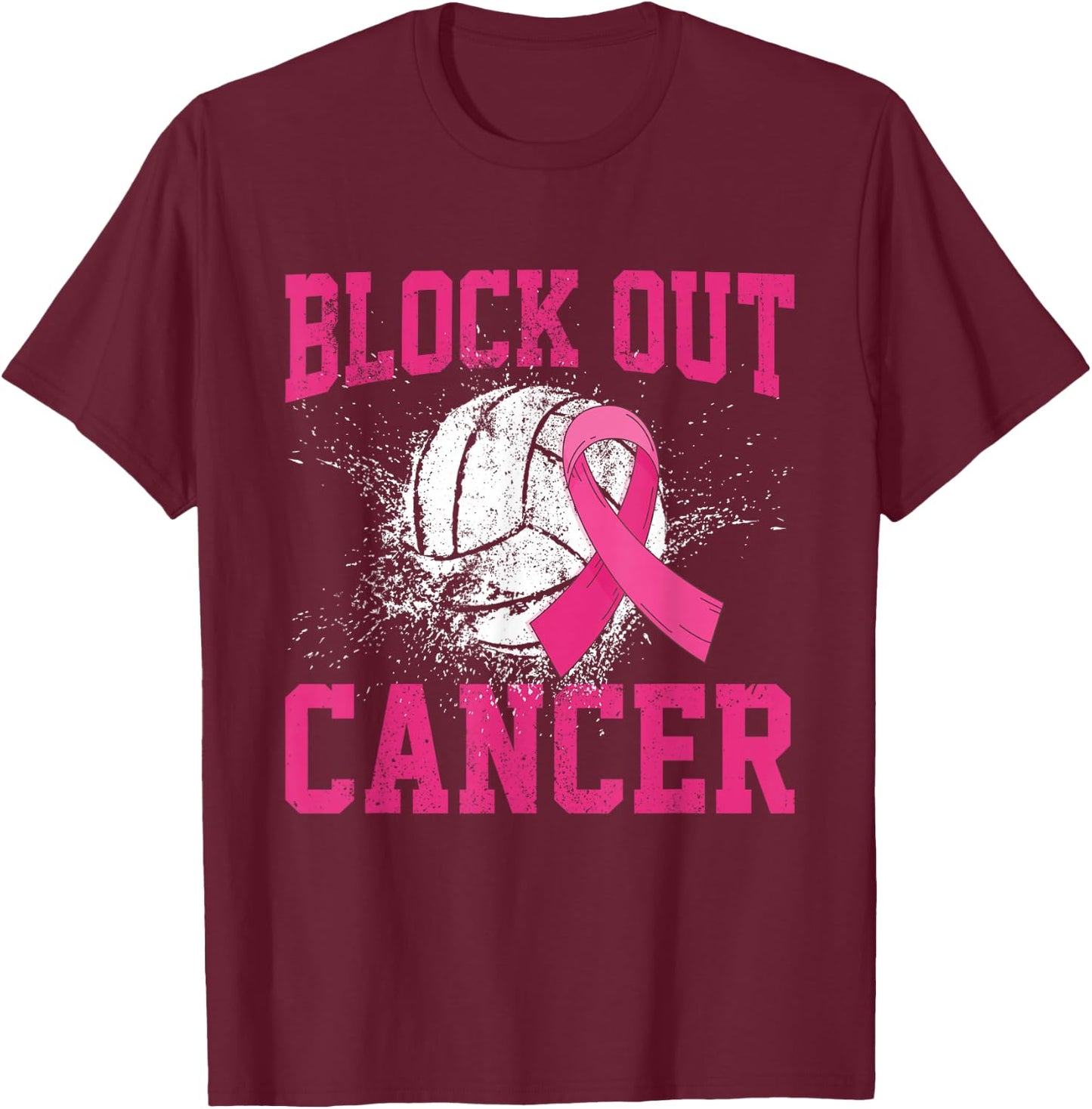 Volleyball Breast Cancer Awareness Block Out Cancer T-Shirt - T-Shirt | Maroon