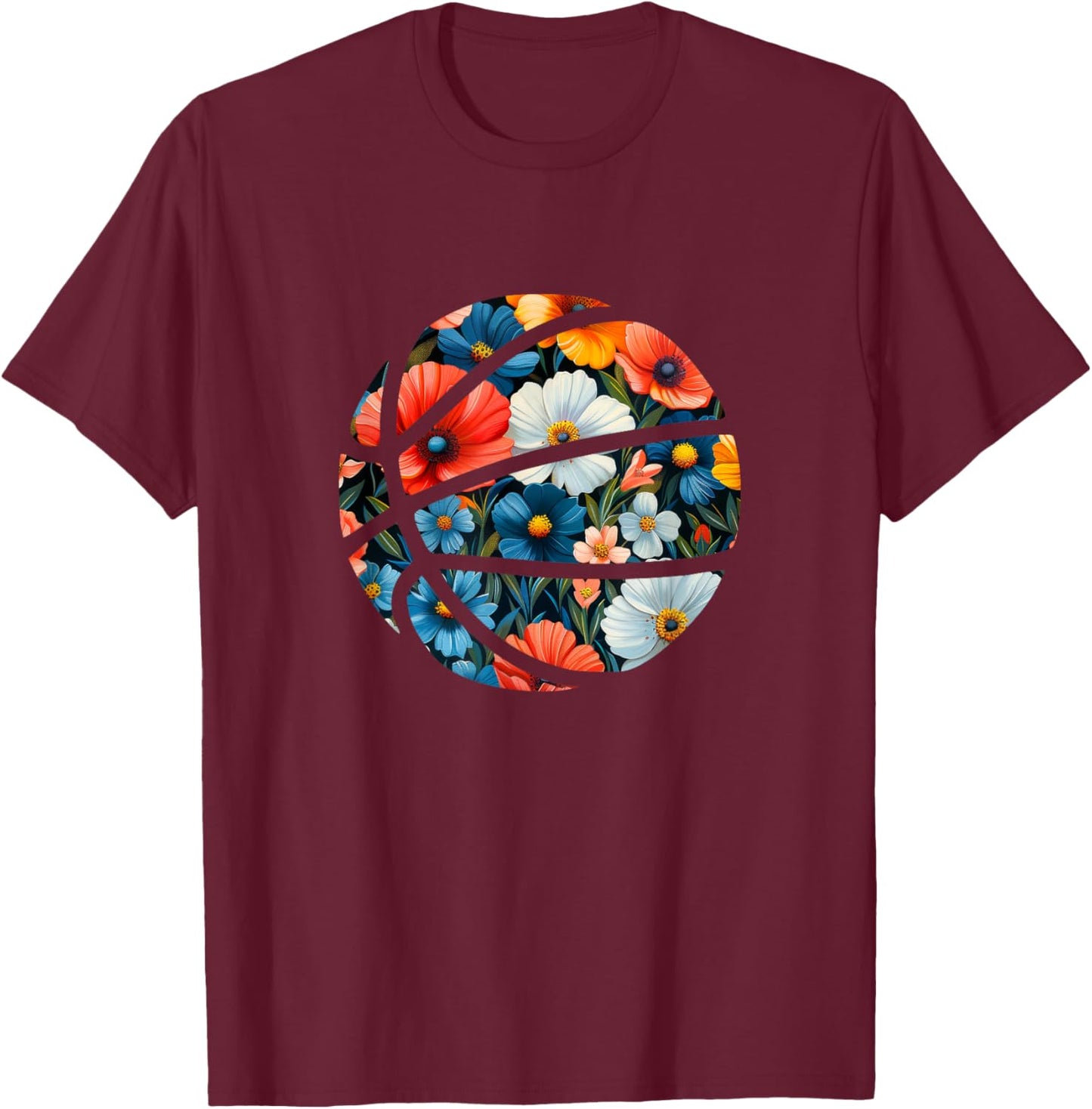 Basketball Silhouette Flowers Botanical Floral T-Shirt - T-Shirt | Maroon