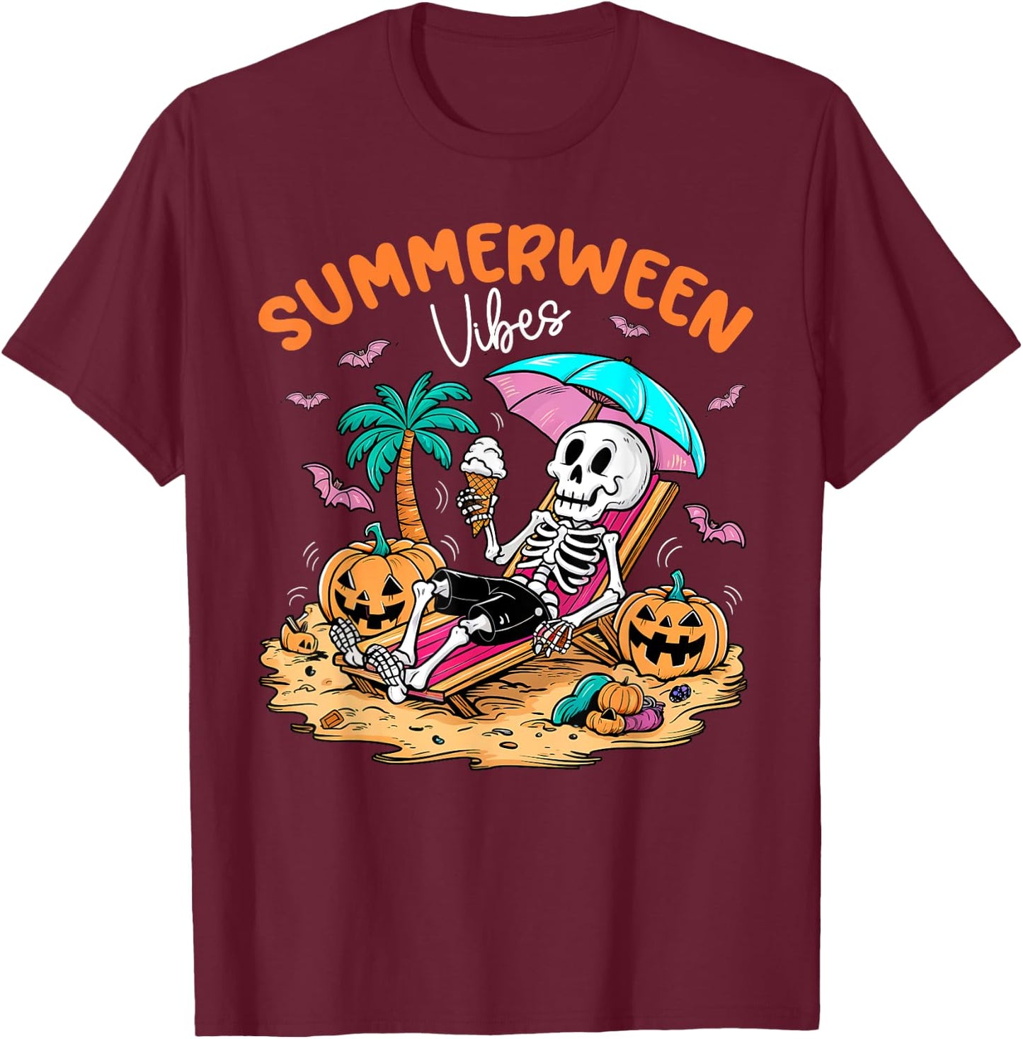 Summerween Halloween Skeleton Ice Cream Summer Vacation T-Shirt - T-Shirt | Maroon