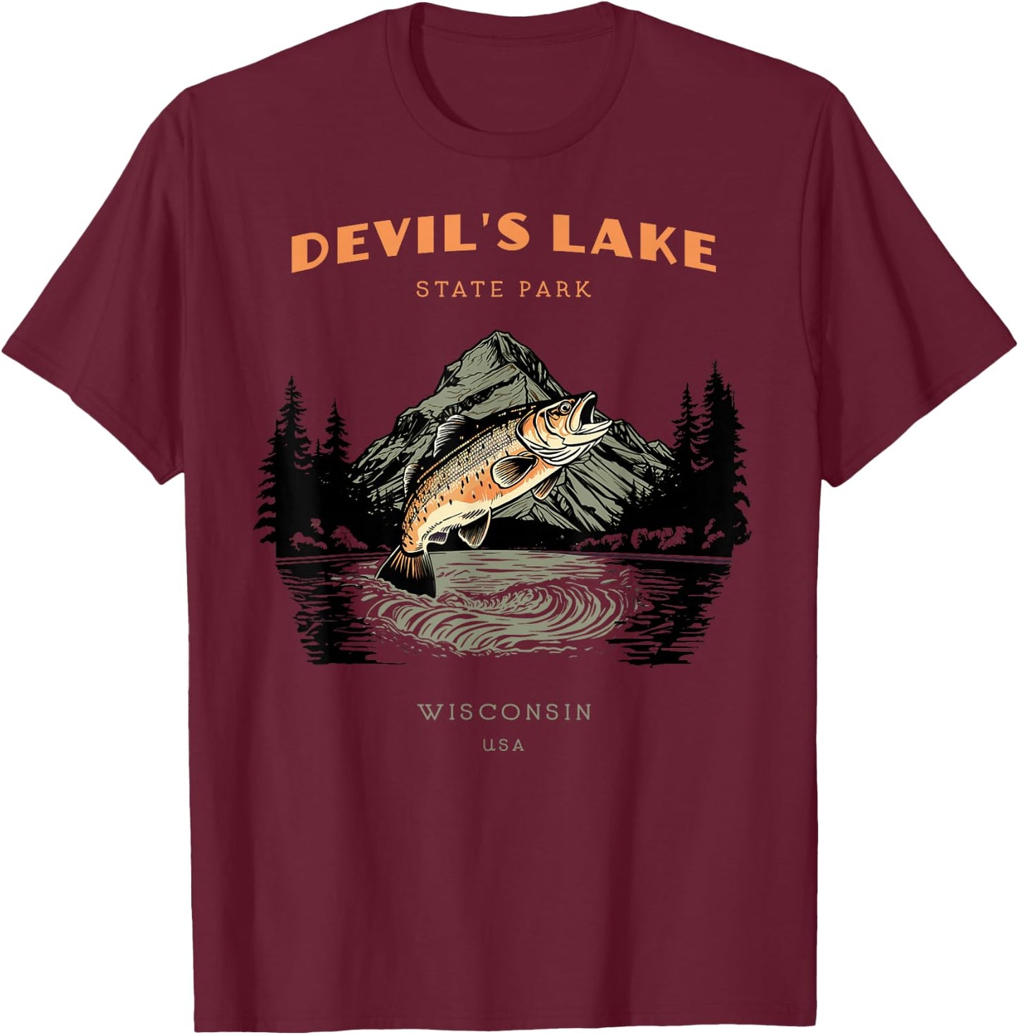 Devil's Lake State Park Wisconsin Retro Vintage Fishing T-Shirt - T-Shirt | Maroon