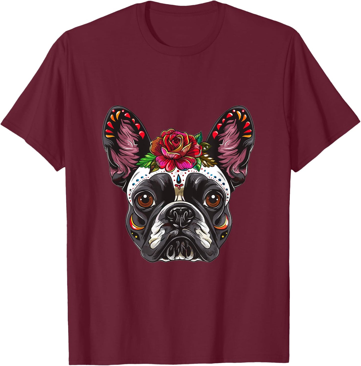 French Bulldog Sugar Skull Dia De Los Muertos Graphic T-Shirt - T-Shirt | Maroon