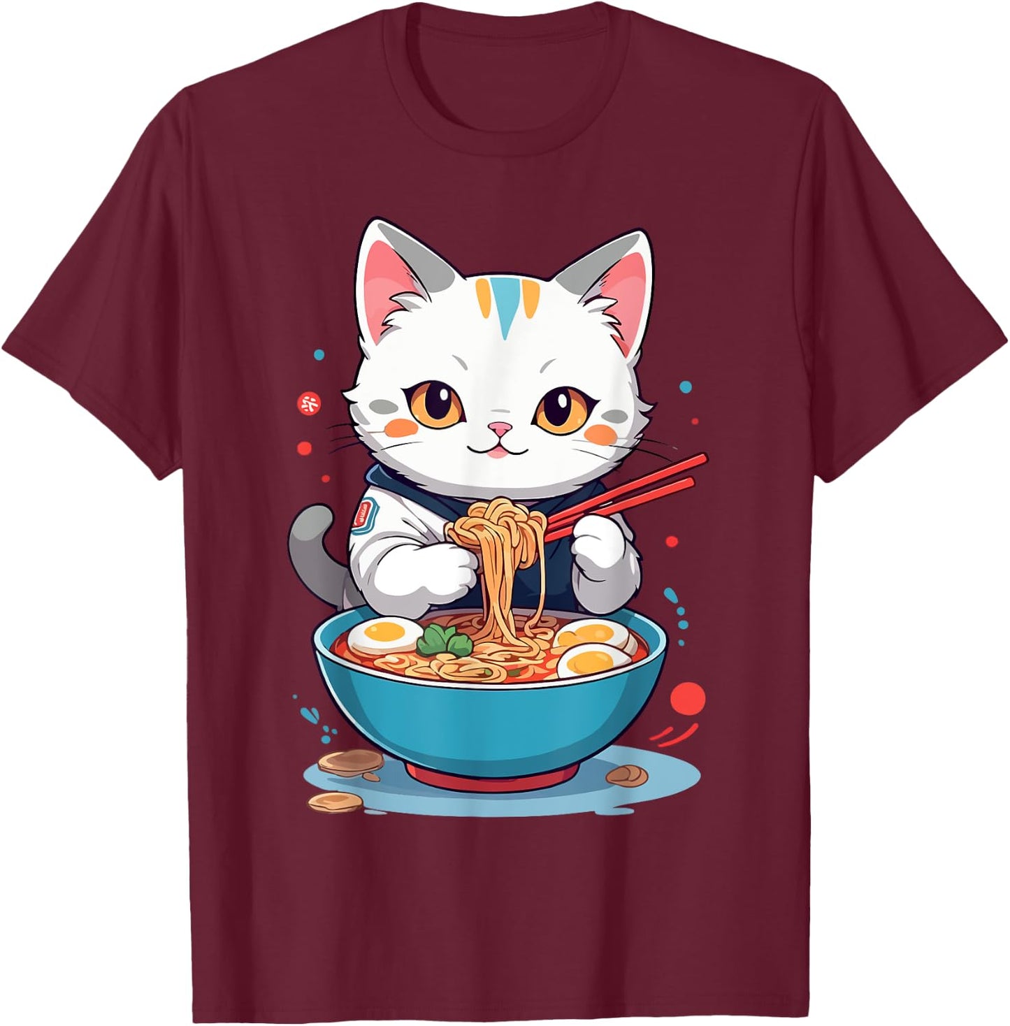 Cat Savoring Ramen Funny Pet Animals and Food Lover Design T-Shirt - T-Shirt | Maroon
