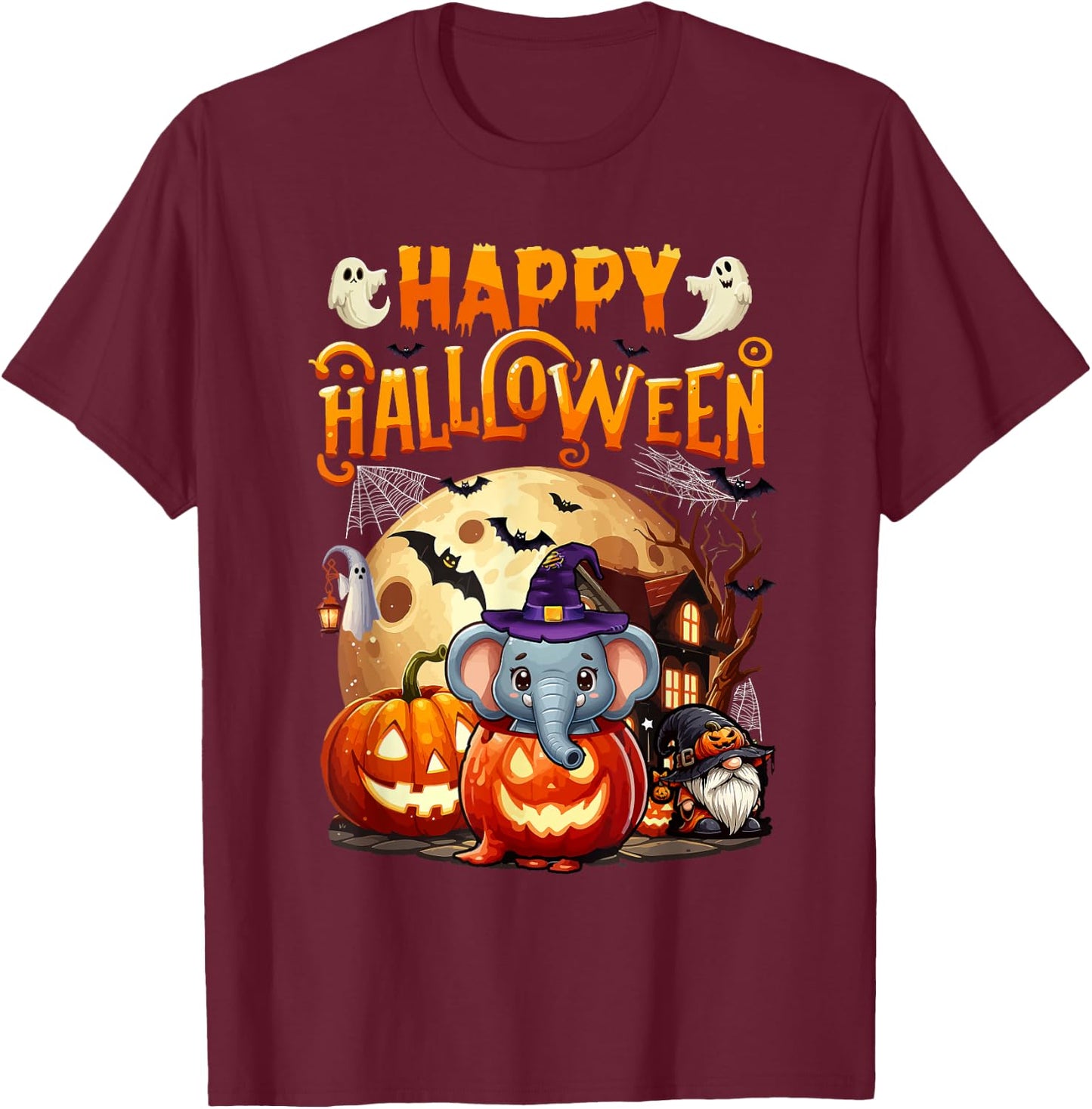 Happy Halloween Elephant Cosplay Witch In Carved Pumpkin T-Shirt - T-Shirt | Maroon