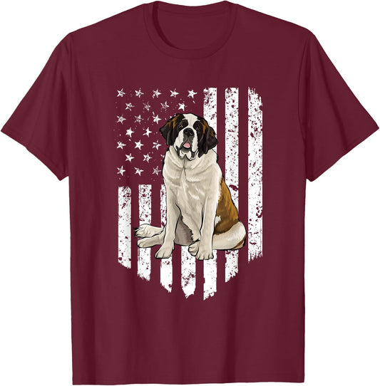 Black White American Flag St. Bernard 4th Of July USA T-Shirt - T-Shirt | Maroon