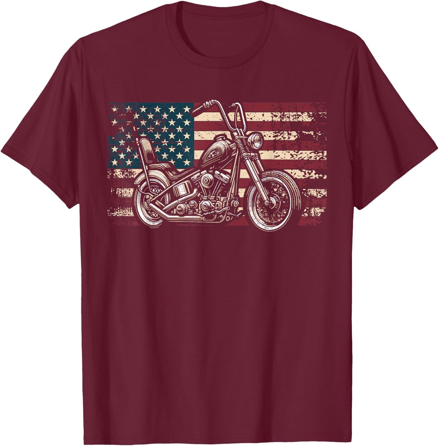 Old Motorcycle American Flag Patriotic Biker USA Flag T-Shirt - T-Shirt | Maroon