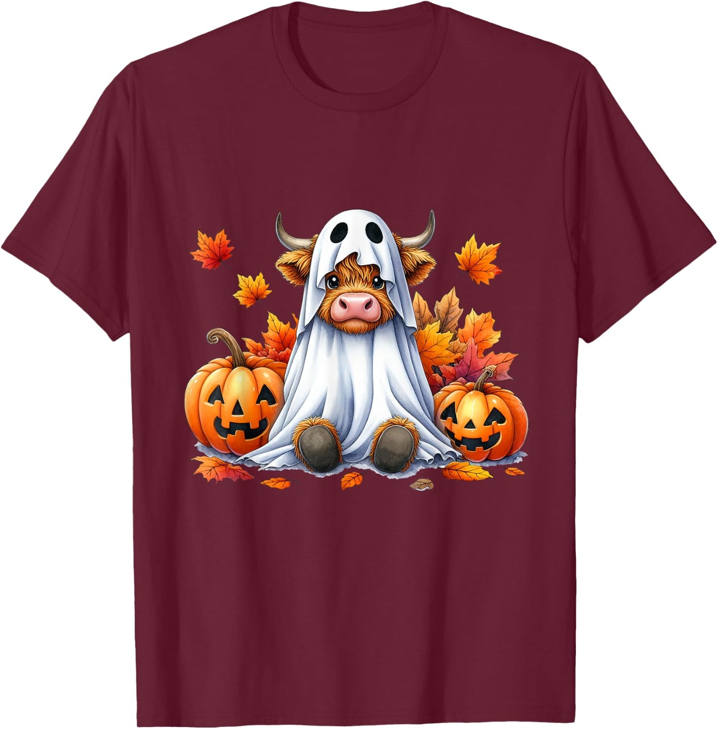 Funny Halloween Highland Cow Ghost Spooky Pumpkin Hello Fall T-Shirt - T-Shirt | Maroon