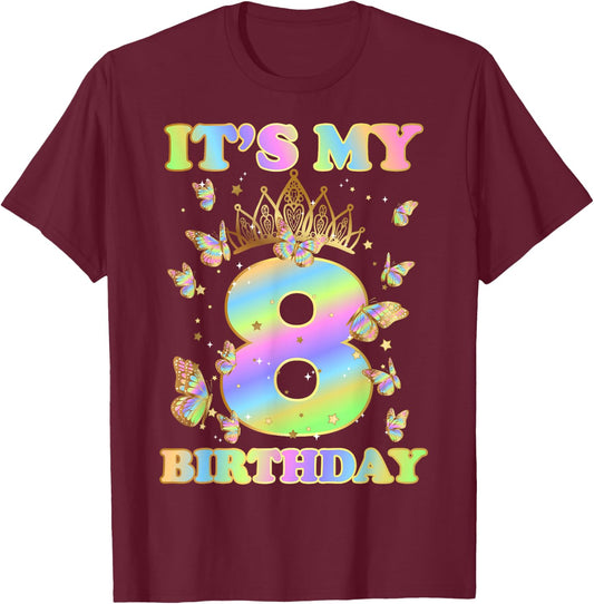 8th Birthday Cute Butterfly It's My 8 Years Old B-Day Family T-Shirt - T-Shirt | Maroon