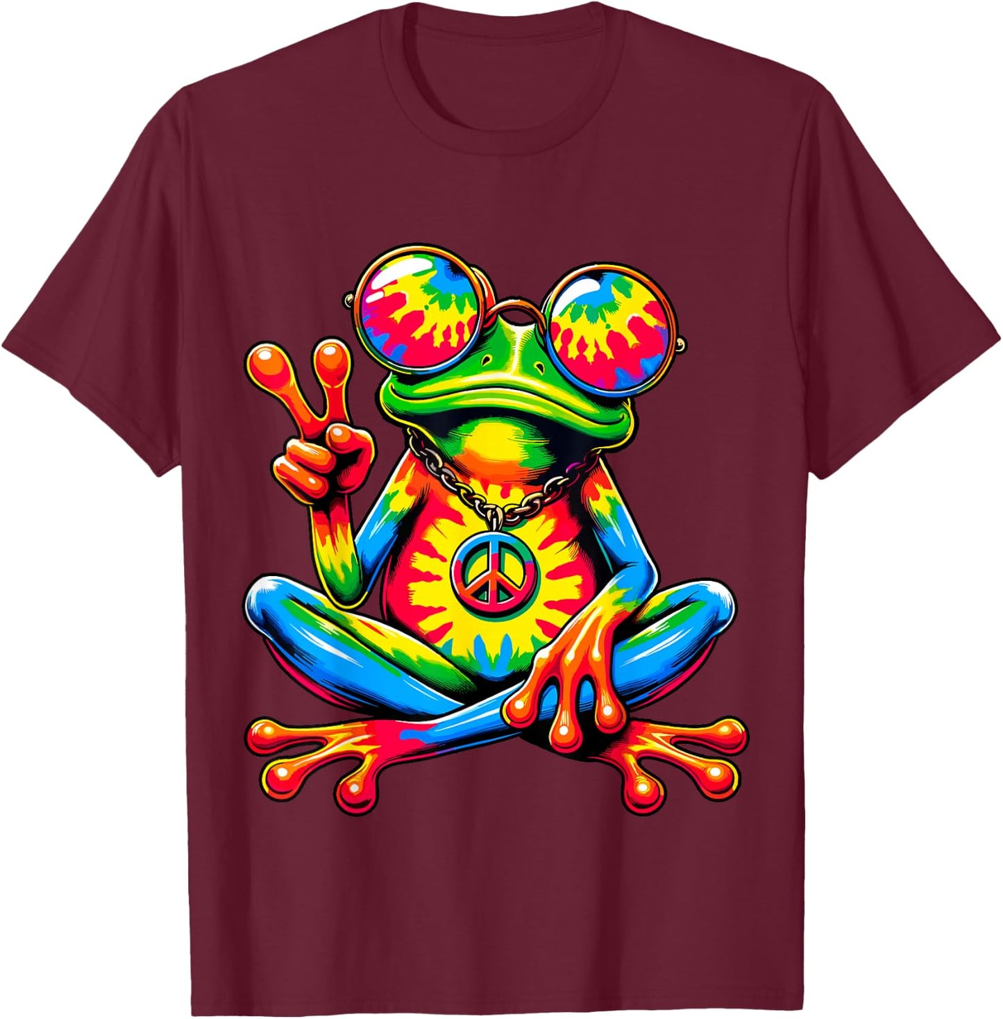 Tie-Dye Peace Frog Peace Sign Hippie T-Shirt - T-Shirt | Maroon
