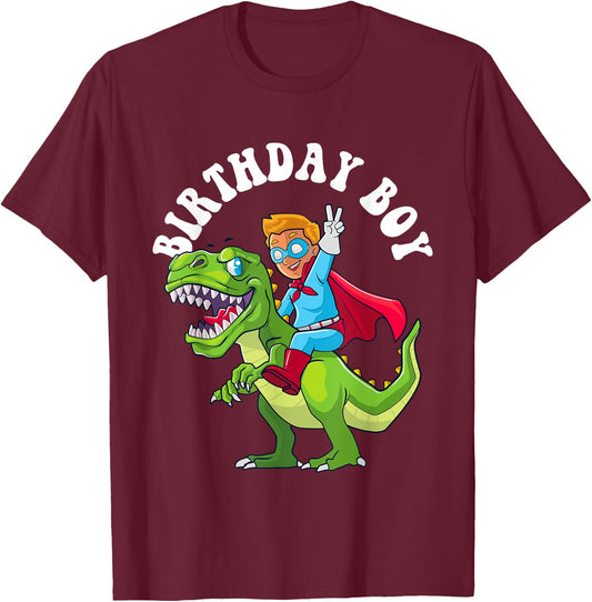 Birthday Boy Riding T Rex Dinosaur Superhero Kids Toddler T-Shirt - T-Shirt | Maroon