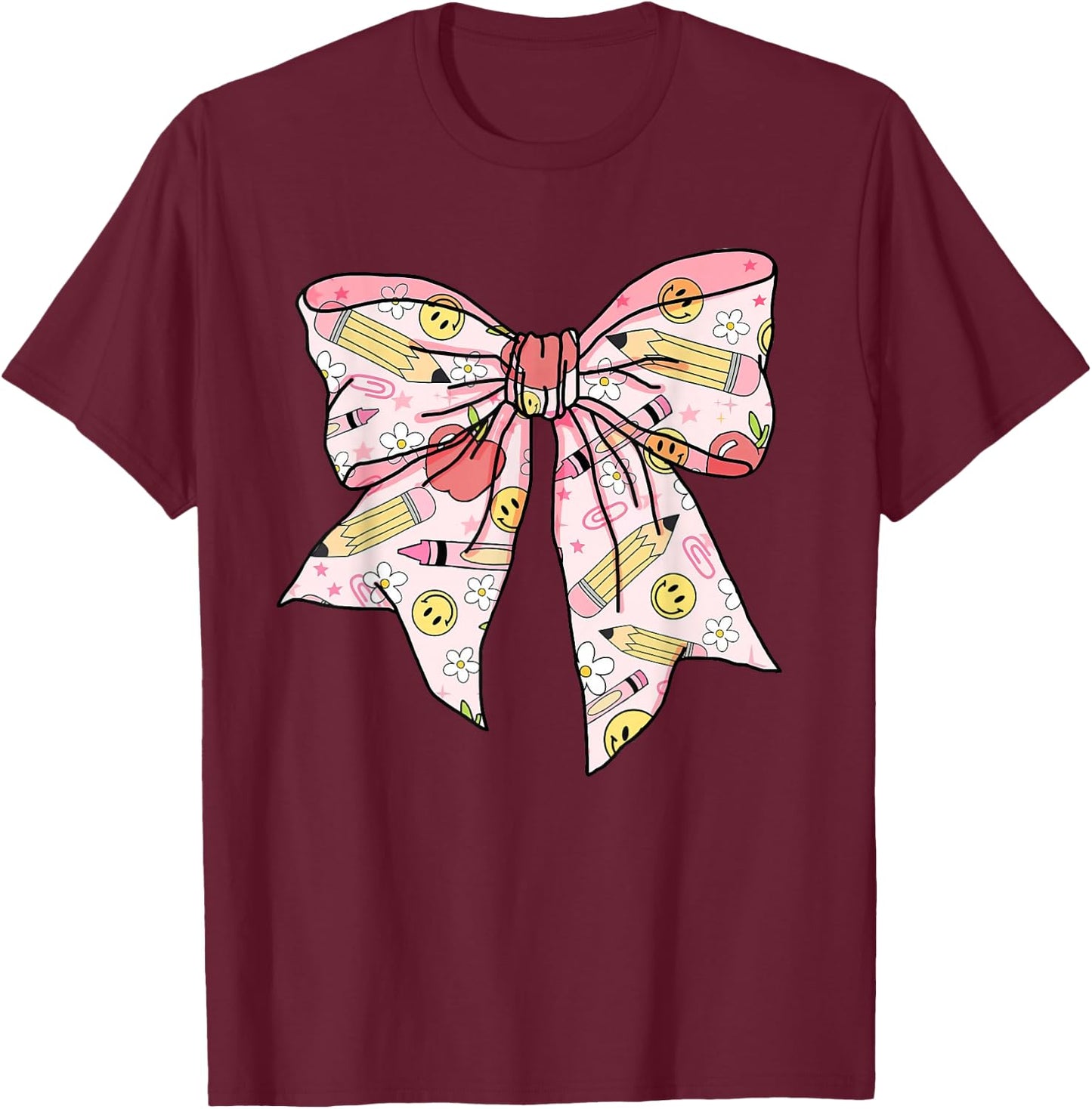 Coquette Bow Teacher Student Happy First Day Back to School T-Shirt - T-Shirt | Maroon