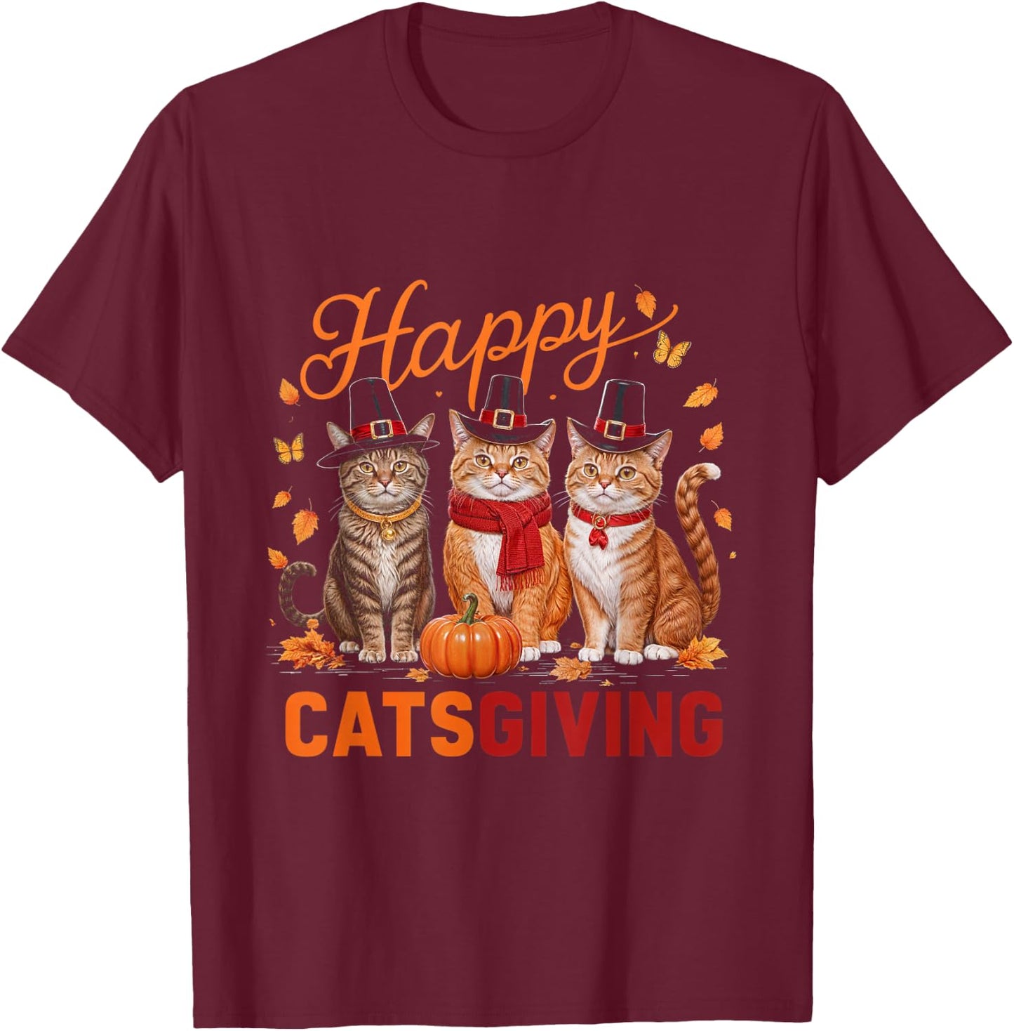 Happy Catsgiving Thanksgiving Cat Pumpkin Fall Cats T-Shirt - T-Shirt | Maroon