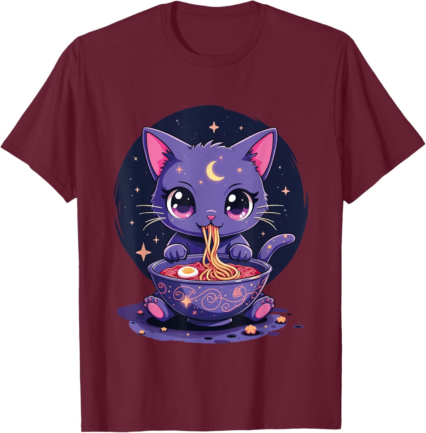Kawaii Pastel Goth Aesthetic Creepy Cat Eating Ramen Noodles T-Shirt - T-Shirt | Maroon