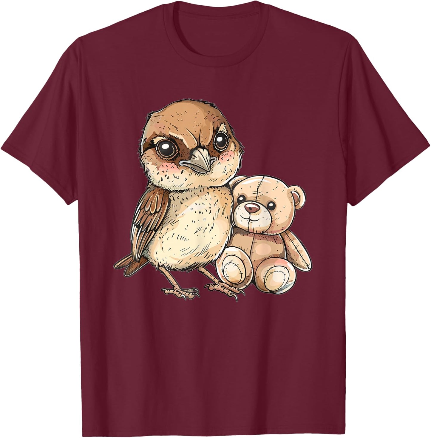 Cute Sparrow With Teddy Bear I Sparrow T-Shirt - T-Shirt | Maroon